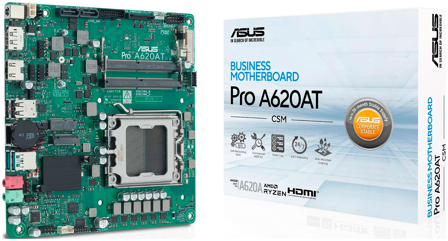 Материнская плата Asus PRO A620AT-CSM (AM5, Thin Mini-ITX), Зеленый
Материнская плата Asus PRO A620AT-CSM (AM5, Thin Mini-ITX), Зеленый
