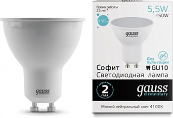 

Лампа GAUSS LED Elementary MR16 GU10 5.5W 450lm 4100К 13626 упаковка 10шт