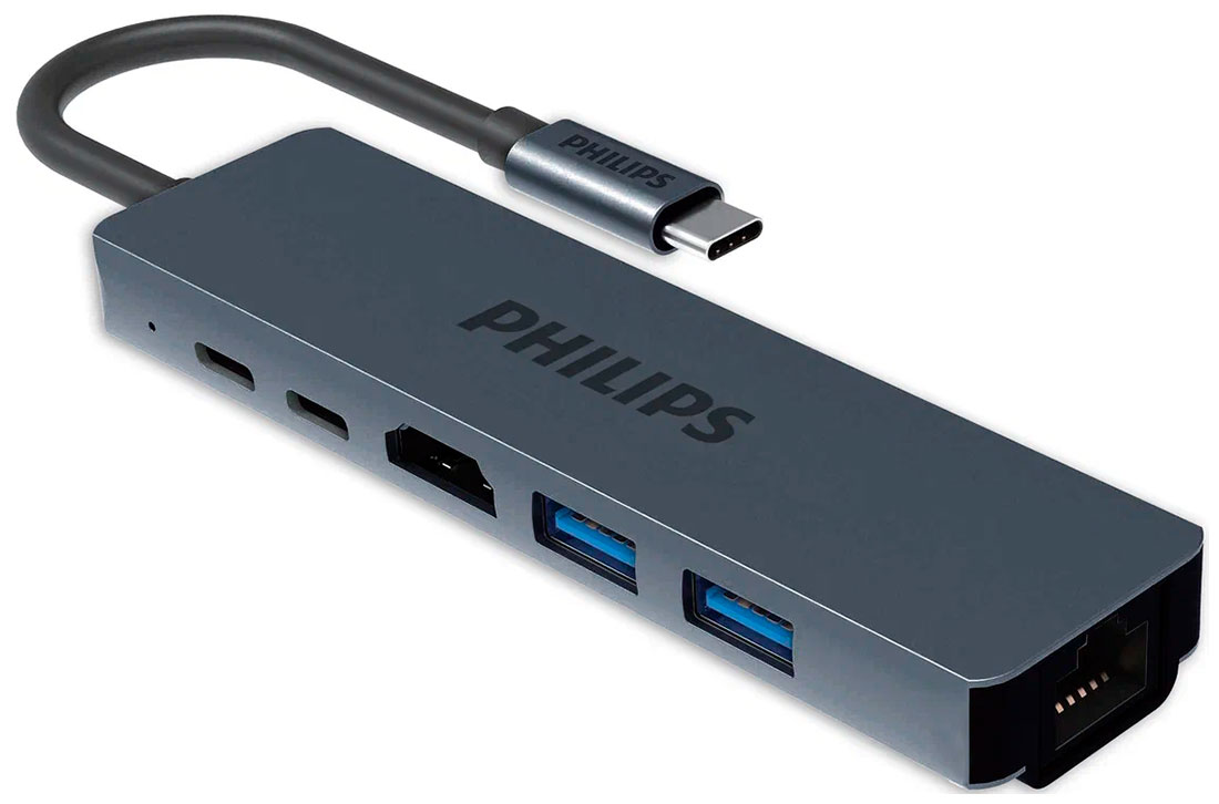 Изображение товара Кабель Philips USB C - HDMI, USB A, LAN 6в1 10см металл серый