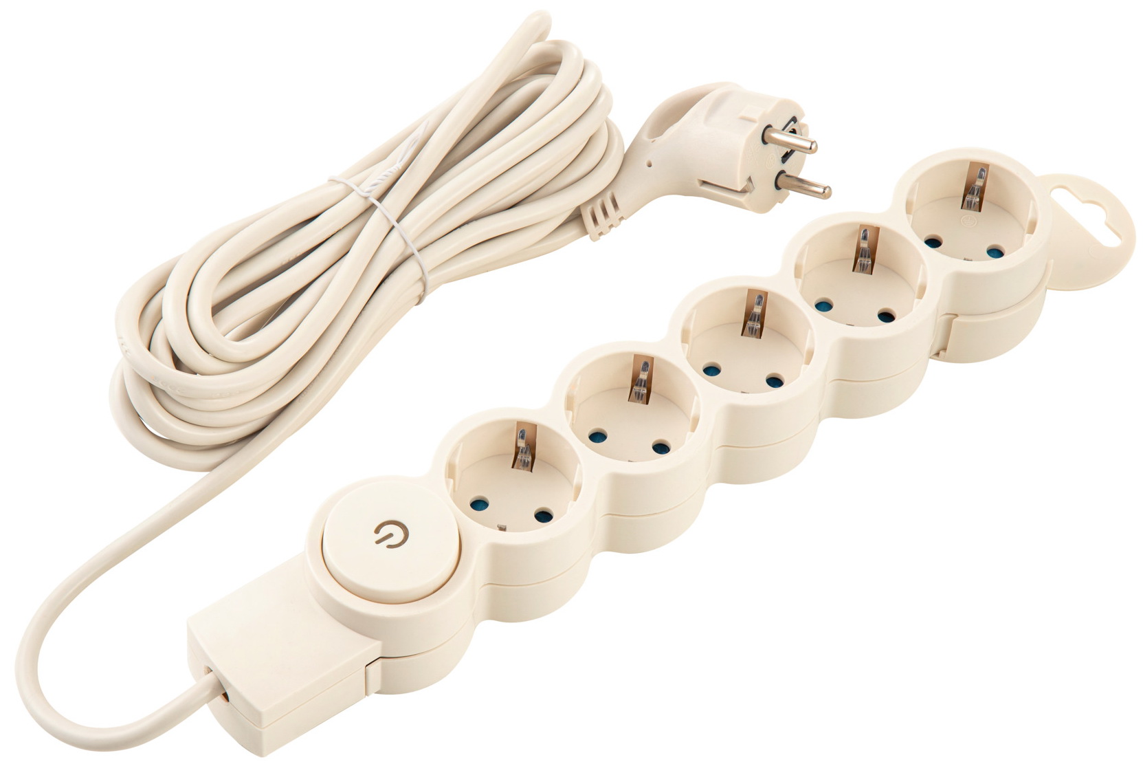 Изображение товара Сетевой фильтр Duwi 5 гнезд, 5 м, с заземлением, с защитными шторками, с выключателем, с держателем, 2200 Вт, 10А, слоновая кость