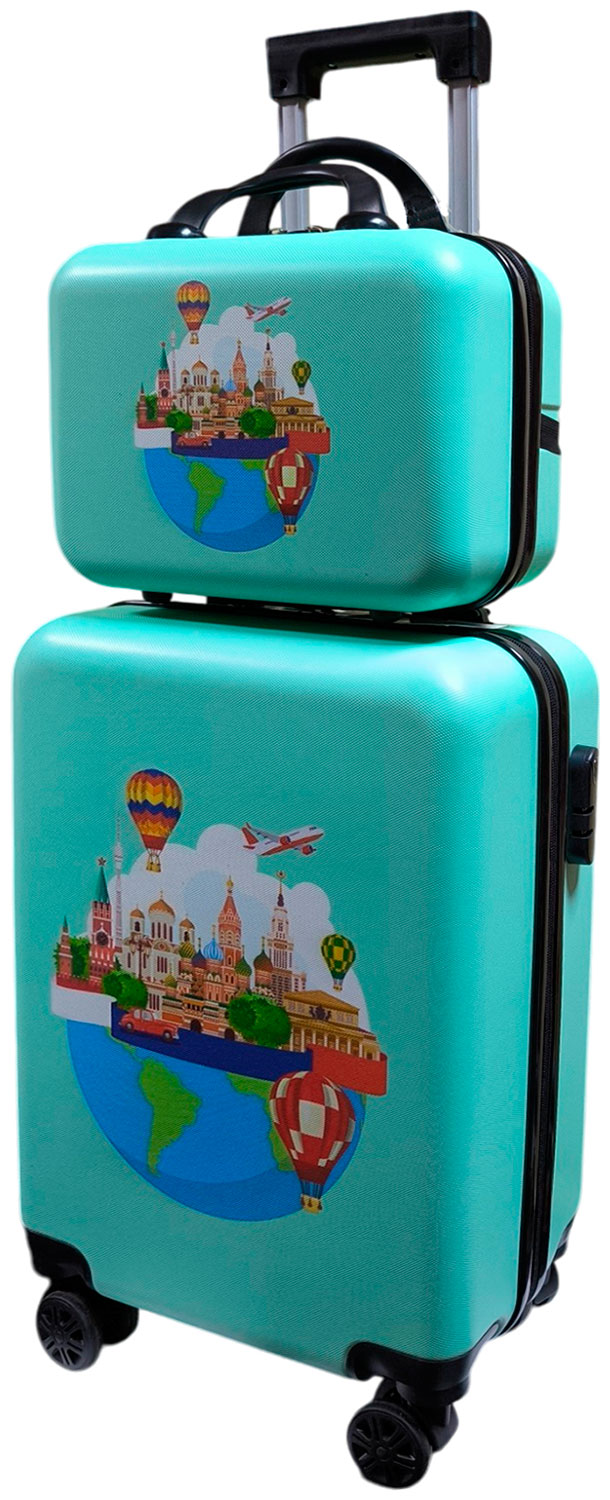 Изображение товара Дорожный комплект Lats чемодан четырехколесный с принтом, размер XS и сумка ручная кладь, Москва, бирюзовый