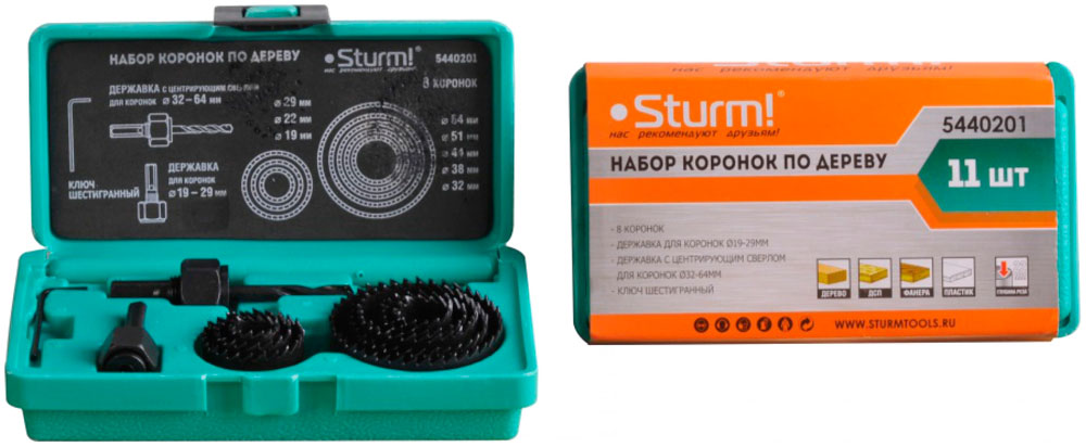 Коронки по дереву Sturm! набор 5440201 8ед d=19/22/29/32/38/44/51мм, кейс Коронки по дереву Sturm! набор 5440201 8ед d=19/22/29/32/38/44/51мм, кейс