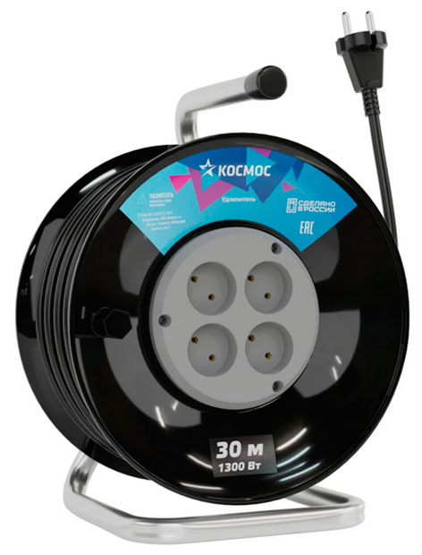 

Удлинитель на катушке Космос 30 метров 4 гнезда ПВС 2х0,75 IP20 (модель РБК16), Черный