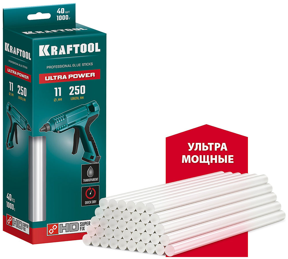 Изображение товара Клеевые стержни Kraftool Ultra Power 11x250 мм 40 шт прозрачные для разных материалов