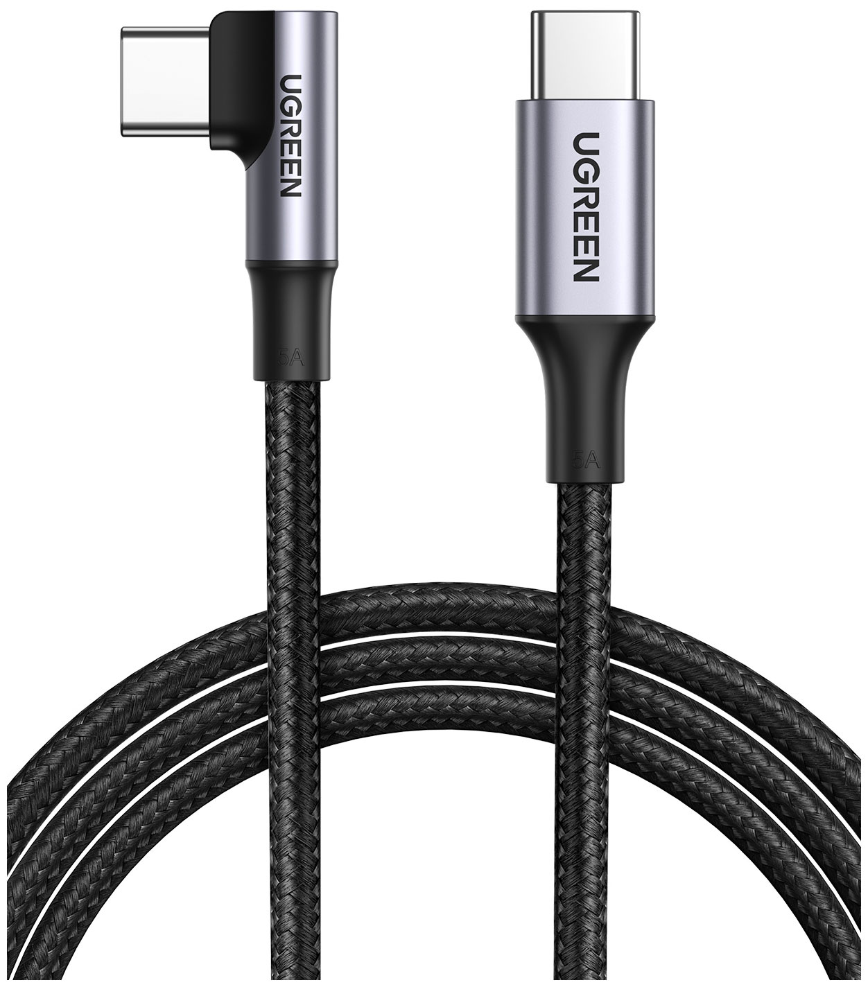 Изображение товара Кабель для зарядки и передачи данных Ugreen 90° угловой, USB C 2.0 - USB C 2.0, 5A, 2 м (70645)