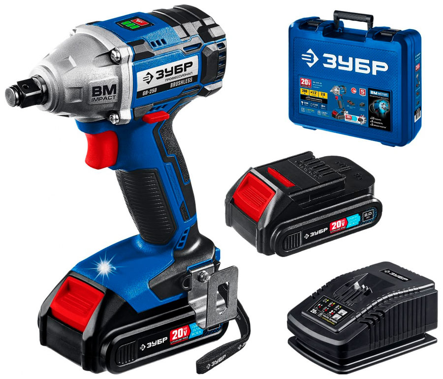 Изображение товара Бесщеточный гайковерт Зубр 20В 2 АКБ 2Ач в кейсе. Профессионал (GB-250-22)