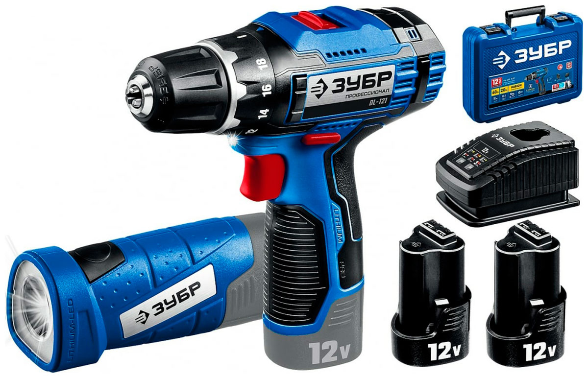 Изображение товара Дрель-шуруповерт Зубр 12В с LED фонарем и 2 АКБ