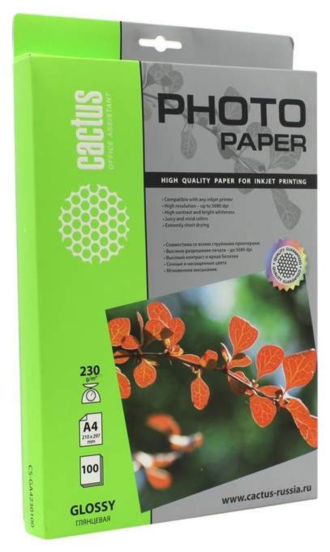 Изображение товара Фотобумага Cactus CS-GA4230100 A4/230г/м2/100л./белый глянцевое для струйной печати