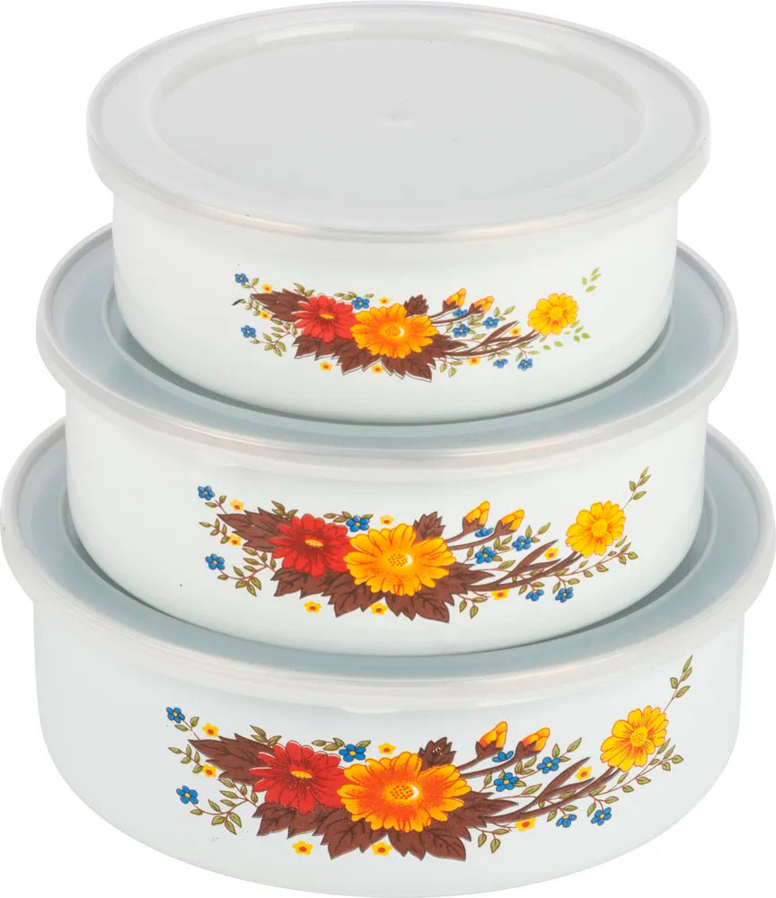 Изображение товара Набор эмалированных мисок Mallony FAMILIA, 3 штуки, 600/850/1250 мл, с крышками (008763)