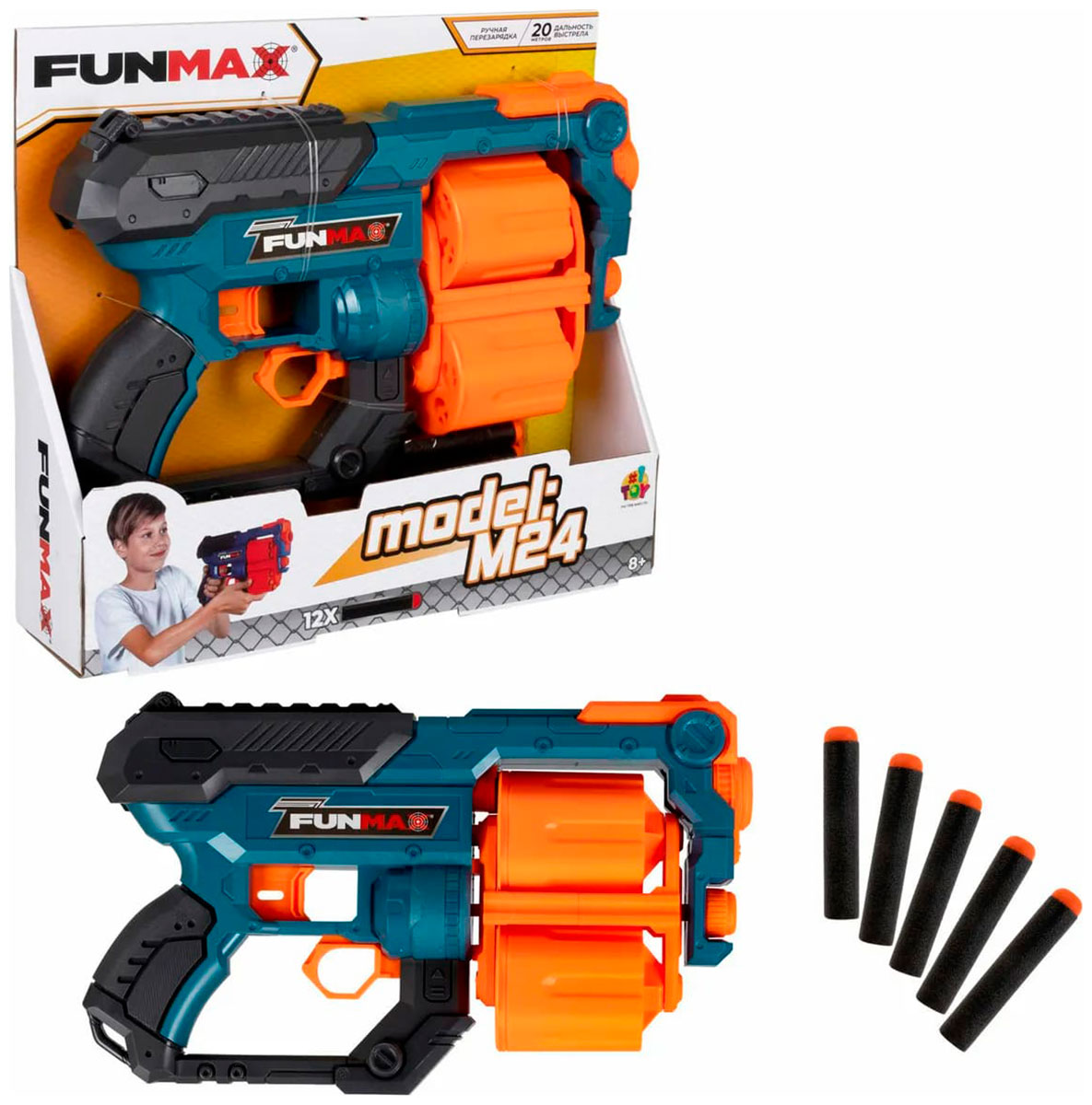 Бластер механический 1 Toy FunMax M24, 2 барабана на 6 выстрелов, 12 EVA снарядов Т24240 Бластер механический 1 Toy FunMax M24, 2 барабана на 6 выстрелов, 12 EVA снарядов Т24240