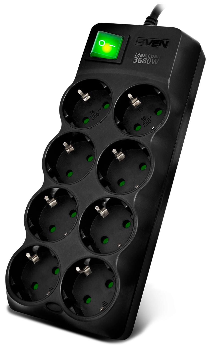 Изображение товара Сетевой фильтр Sven SF-08E-16, 1.8 м, 8 розеток с защитными шторками, 16 А, черный (SV-021603)