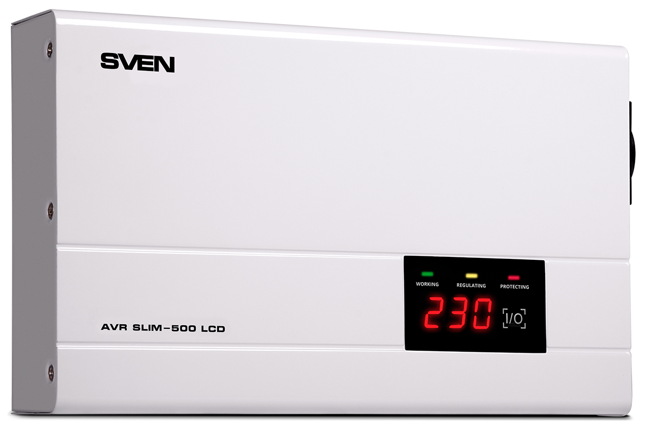 Изображение товара Стабилизатор напряжения Sven AVR SLIM-500 LCD, 400 Вт, входное 140-260 В, 1хCEE7/4 розетка, настенное крепление (SV-012809)