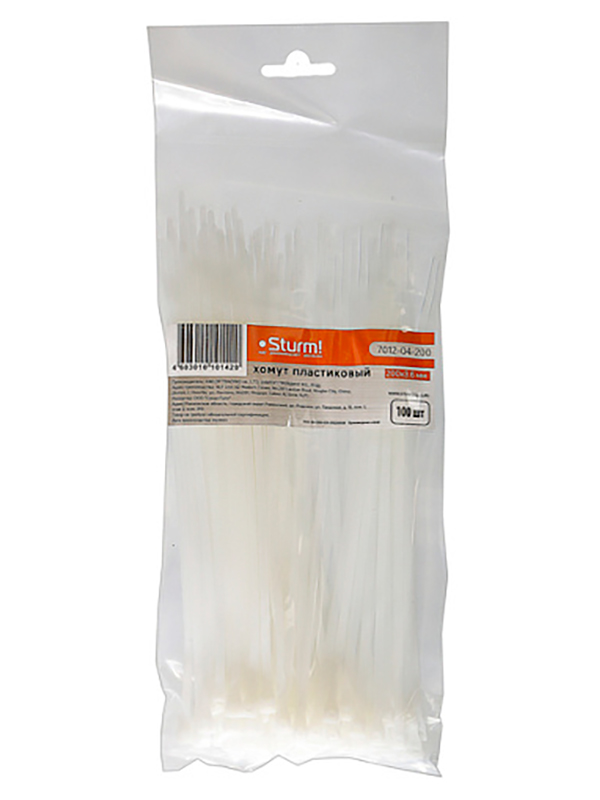 Изображение товара Хомуты Sturm! 200 х 3.6 мм, пластмассовые белые, 100 шт/уп (7012-04-200)