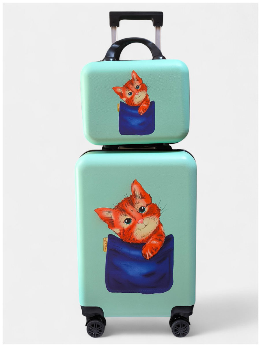 Изображение товара Дорожный набор S+XS Lats Чемодан 20 дюймов+бьюти кейс, кот в кармане, бирюзовый