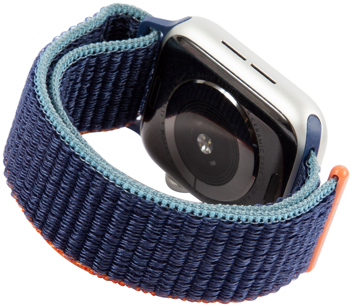 Ремешок нейлоновый mObility для Apple watch - 38-40 мм (S3/S4/S5 SE/S6), морская глубина с оранжево синим краем нейлоновый для apple watch 38 40mm s3 s4 s5 se s6 s7 s8 дикая слива с розовым оранжевым краем ут000027919