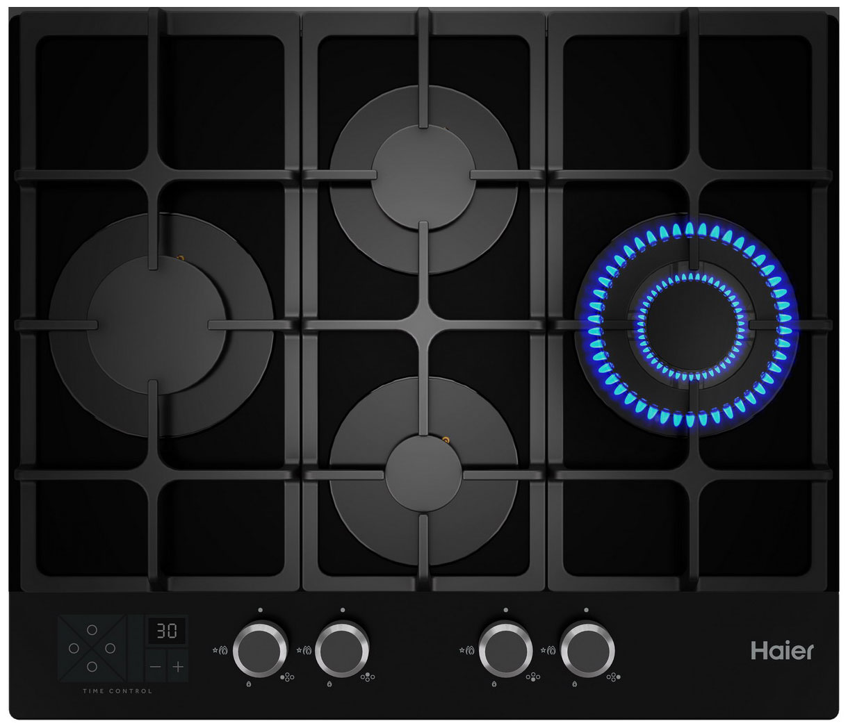 Изображение товара Газовая варочная панель Haier HHX-G64CWSB 4 конфорки закаленное стекло чугунные решетки