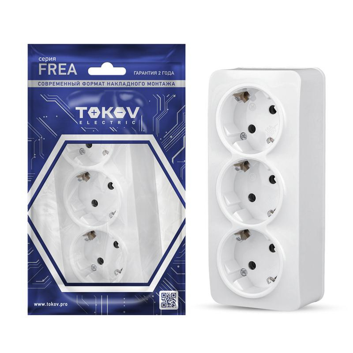 Изображение товара Розетка 3 гнезда Tokov Electric Frea 16А IP20 белый встроенная и накладная