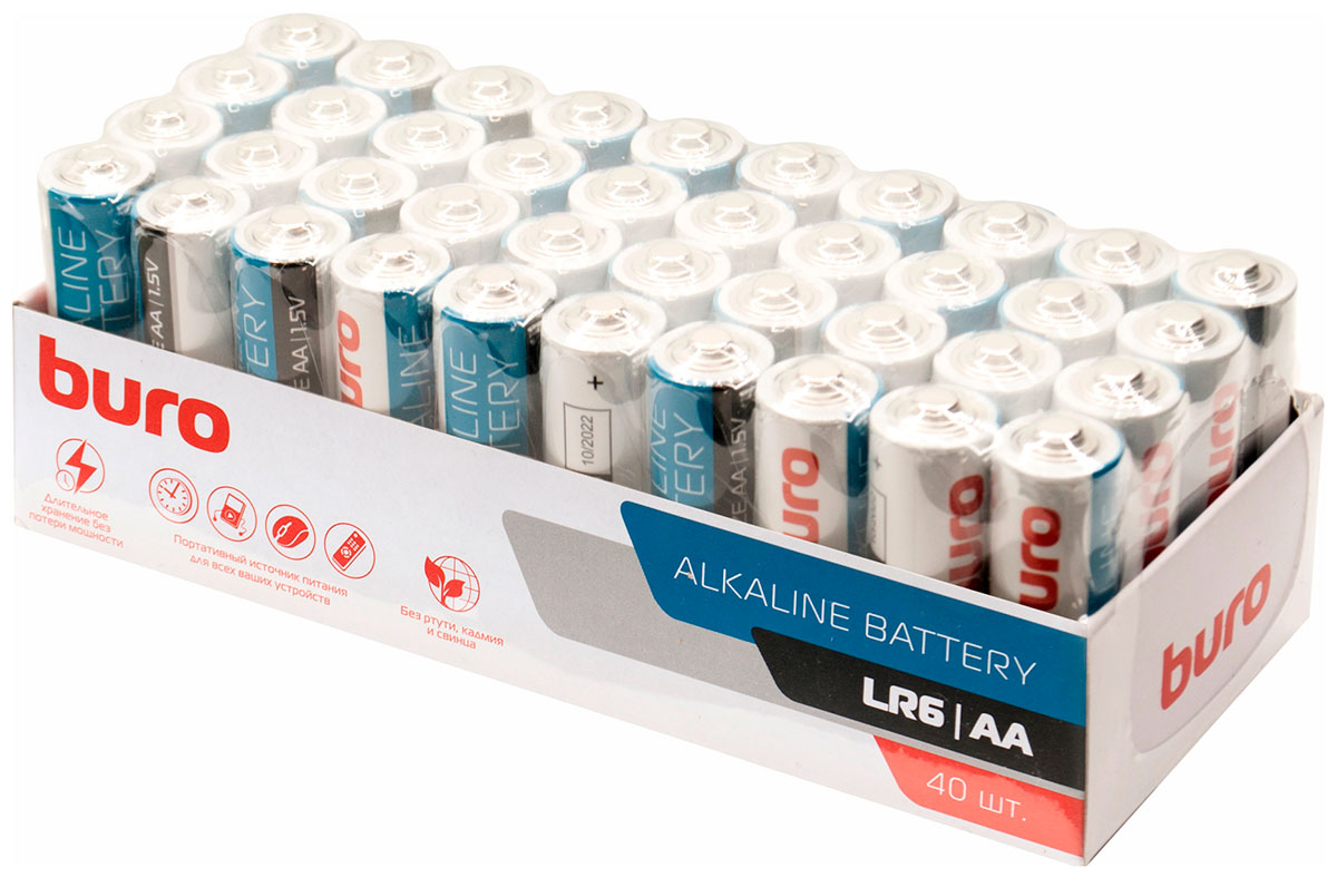 Батарейки Buro Alkaline LR6 AA, 40 штук, спайка батарейки sonnen батарейки alkaline aa ааа lr6 lr03