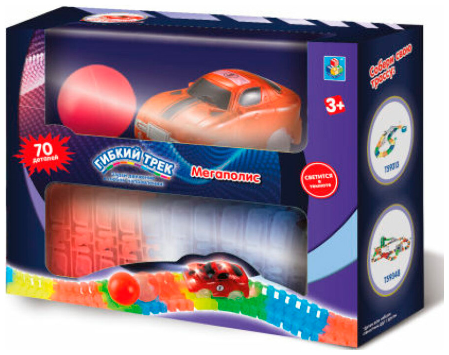 Изображение товара Гибкий трек 1 Toy 70 деталей дорога светится в темноте гоночная машинка (со светом) Т13188 Изображение товара Гибкий трек 1 Toy 70 деталей дорога светится в темноте гоночная машинка (со светом) Т13188