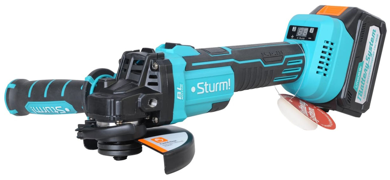 Аккумуляторная УШМ Sturm! CAG1812E, 18 В, 1BatterySystem, 125 мм, плавн. пуск (1x3.0 Ач, ЗУ кейс)