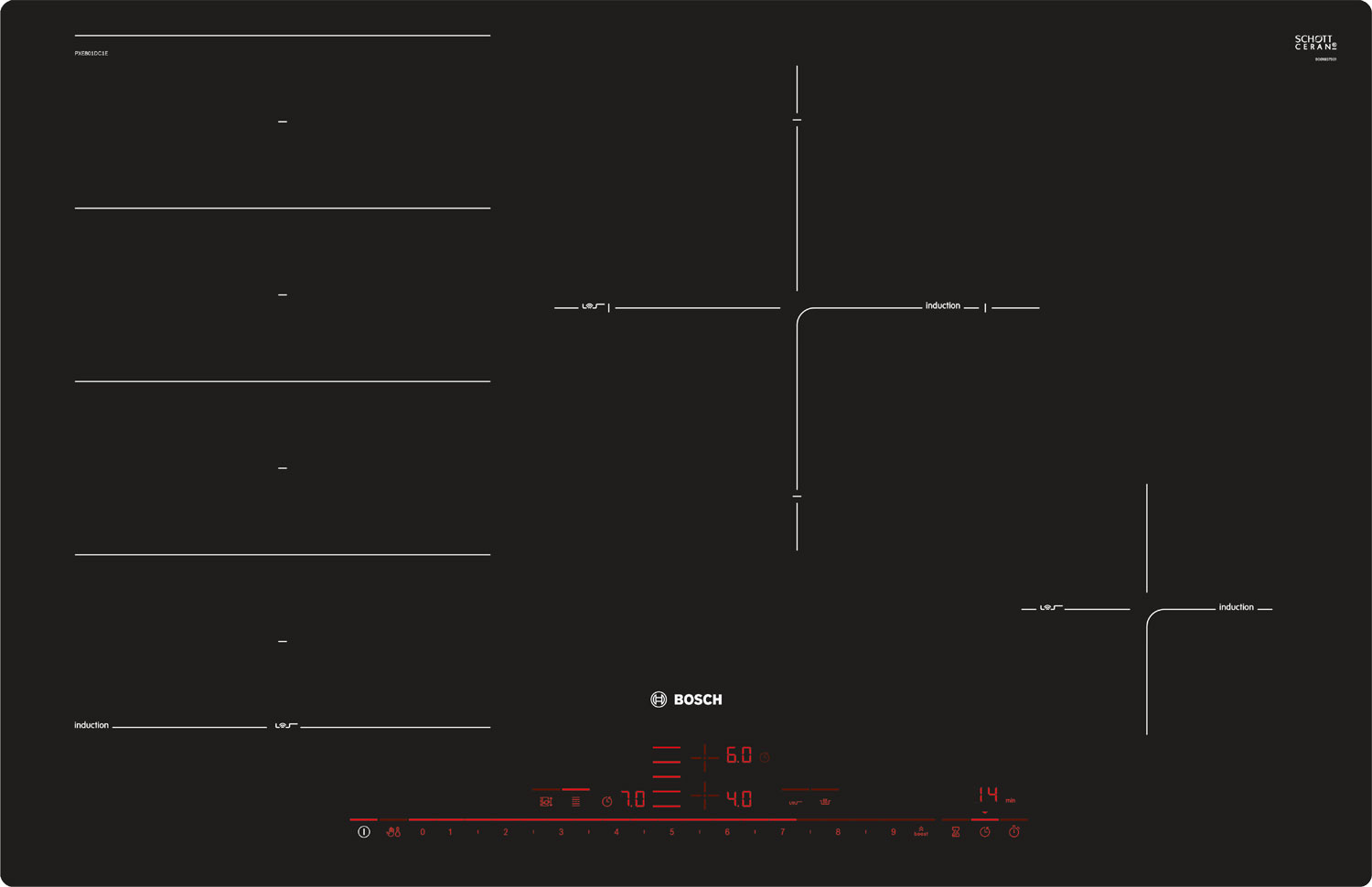 Изображение товара Электрическая индукционная варочная панель Bosch PXE801DC1E со сензорным управлением