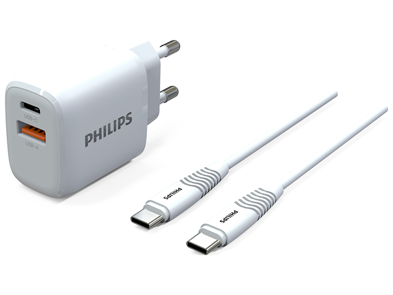 Изображение товара Сетевое зарядное устройство Philips PD25W + кабель USB C - USB C, белый (DLP2560DW/97)