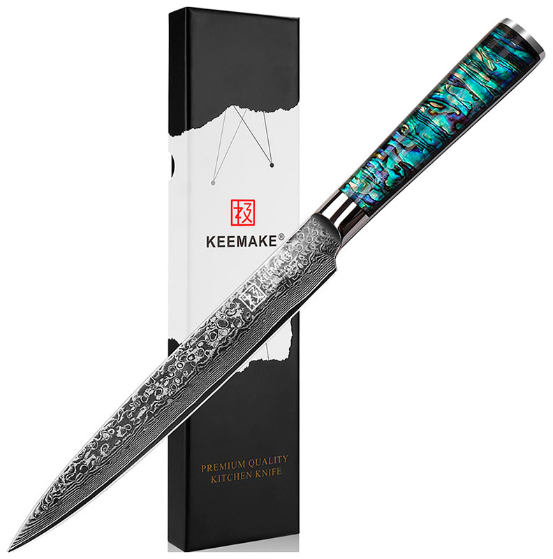 

Нож разделочный из дамасской стали Keemake 8 Inch Carving Knife 67 слоев основа VG10 (10CR15MOV) + 316 сталь HRC60+-2 (CL-3) разноцветный