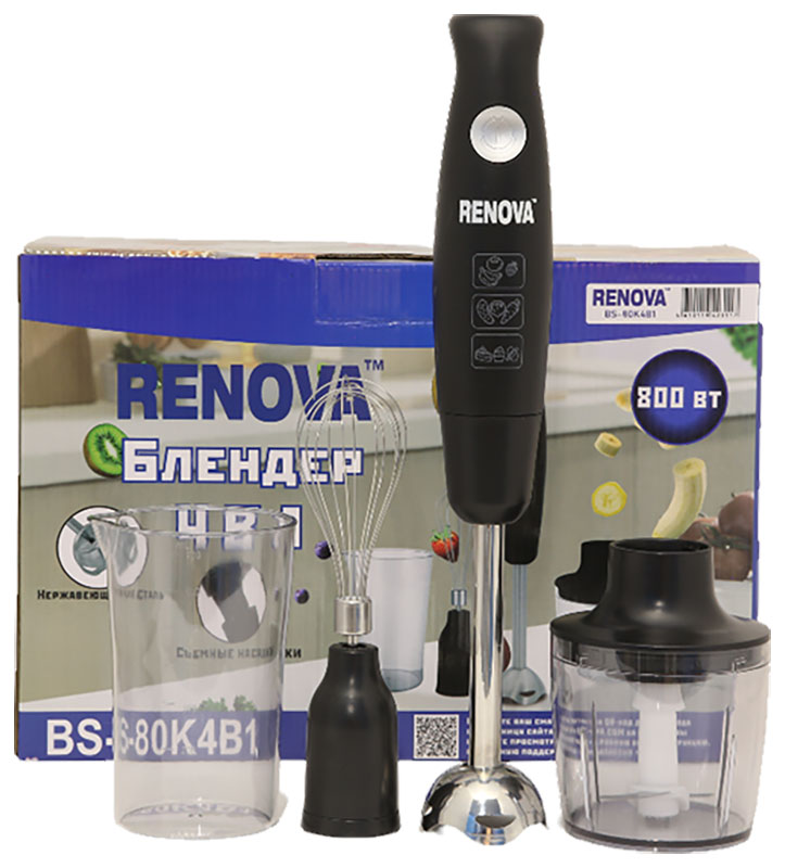 Изображение товара Погружной блендер Renova BS-80K4B1 мощность 800 Вт насадки нержавеющая сталь