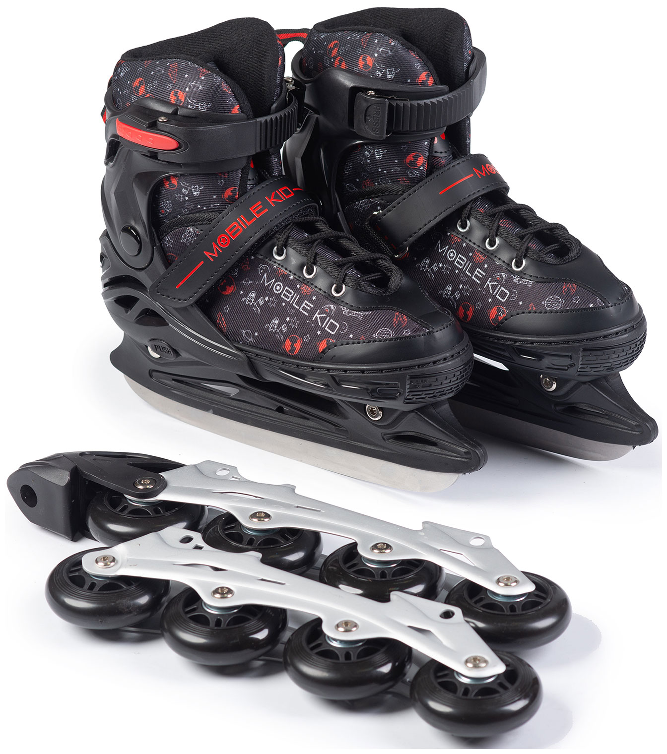 Изображение товара Коньки-ролики Mobile Kid 2 в 1 UNI SKATE, раздвижные, для детей 33-36, черно-красные