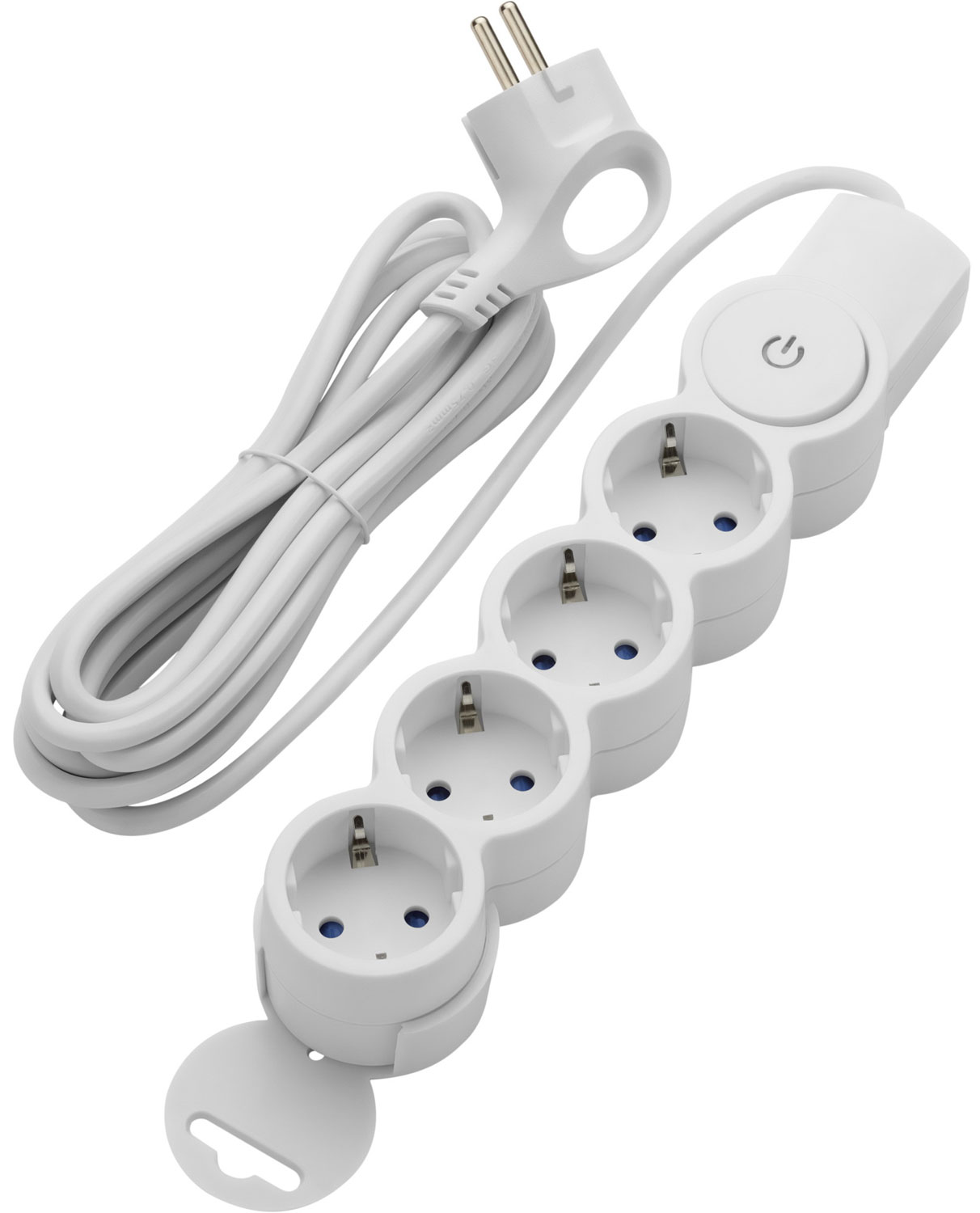 Изображение товара Удлинитель Duwi 4 гнезда, 3 м, с заземлением, с защитными шторками, с выключателем, с держателем, 2200 Вт, 10А, белый