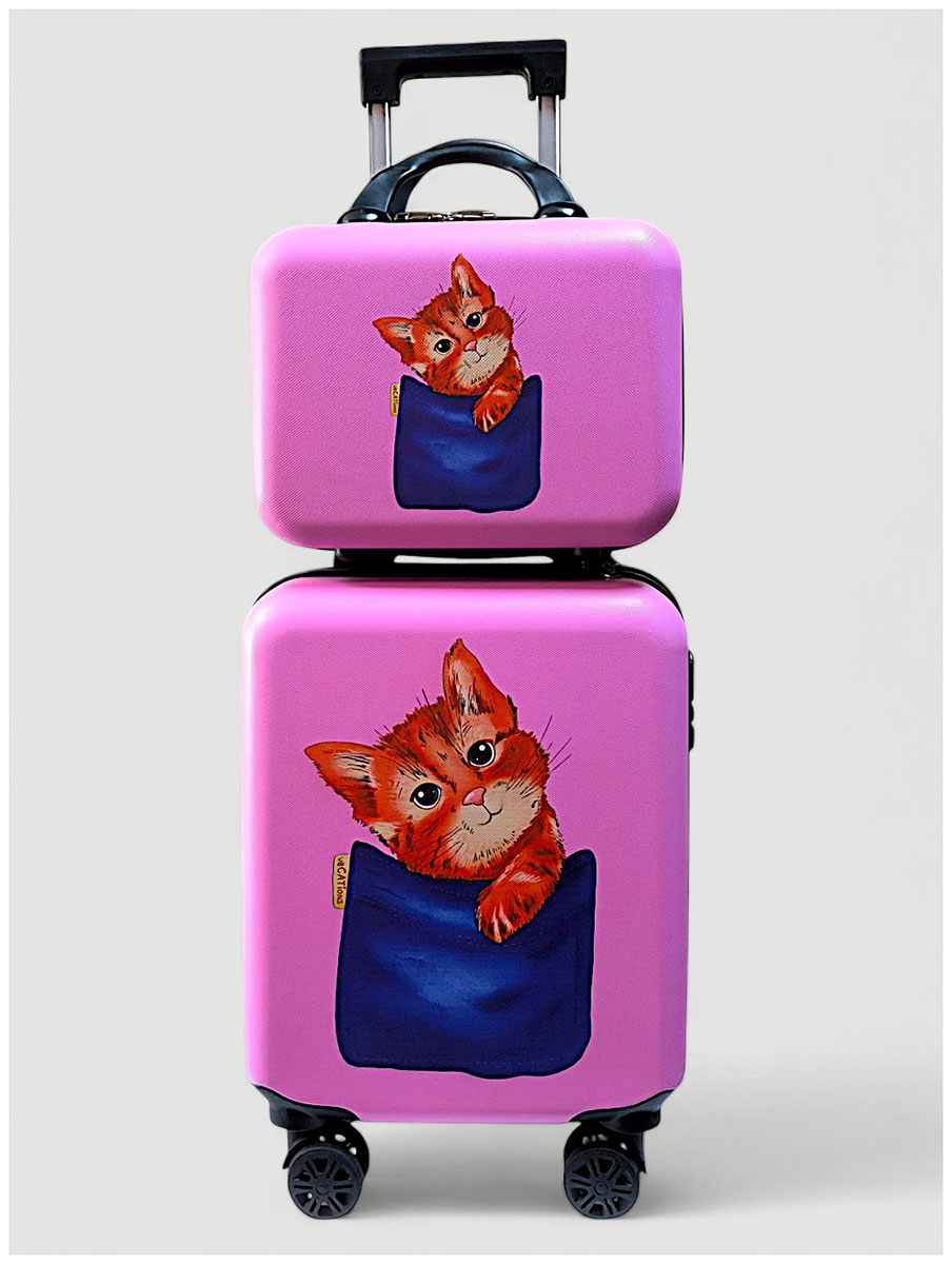 Изображение товара Дорожный набор XS Lats Чемодан 16 дюймов+бьюти кейс, кот в кармане, розовый