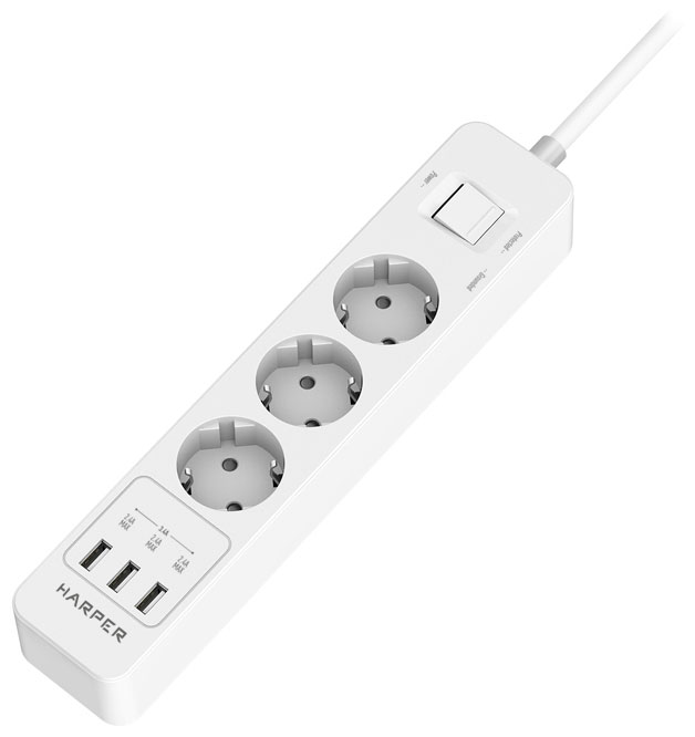 Изображение товара Сетевой фильтр Harper UCH-330 с USB и защитой от скачков, белый