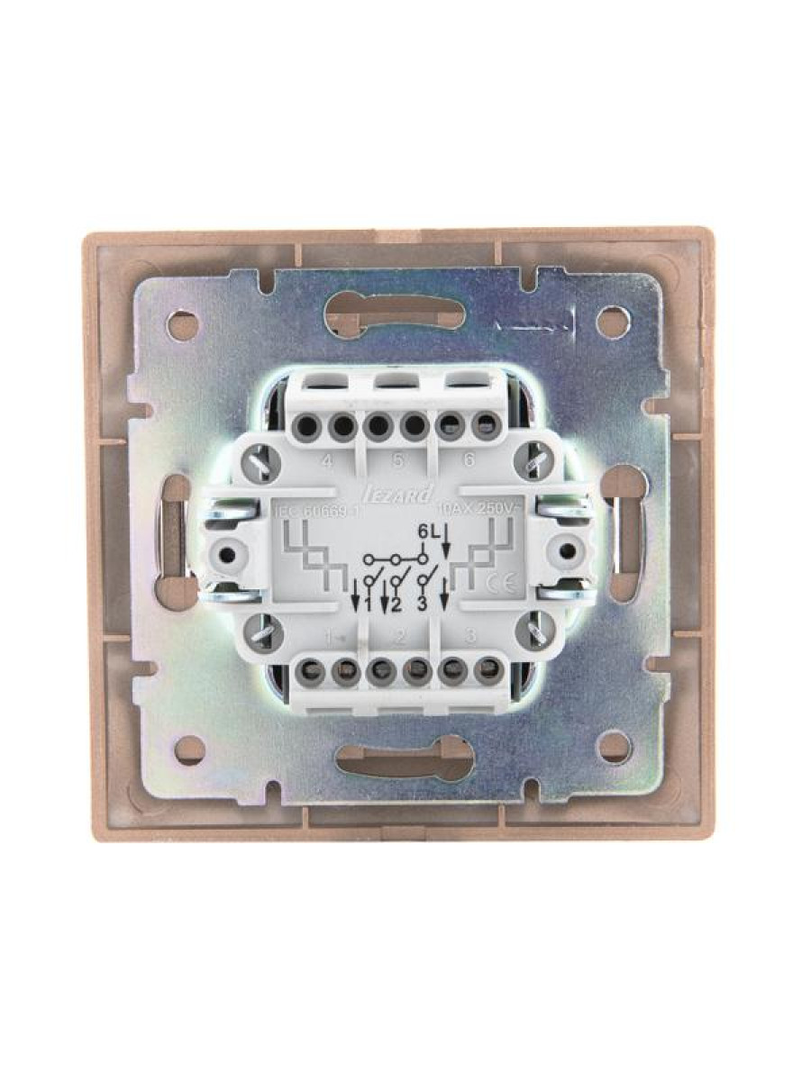 Изображение товара Выключатели, переключатели, диммеры Lezard Выключатель 3-кл. СП Mira 10А со вставкой свет. корич. перламутр.