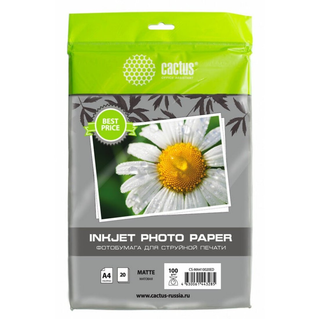 Изображение товара Фотобумага Cactus CS-MA410020ED A4/100г/м2/20л./белый матовое для струйной печати
