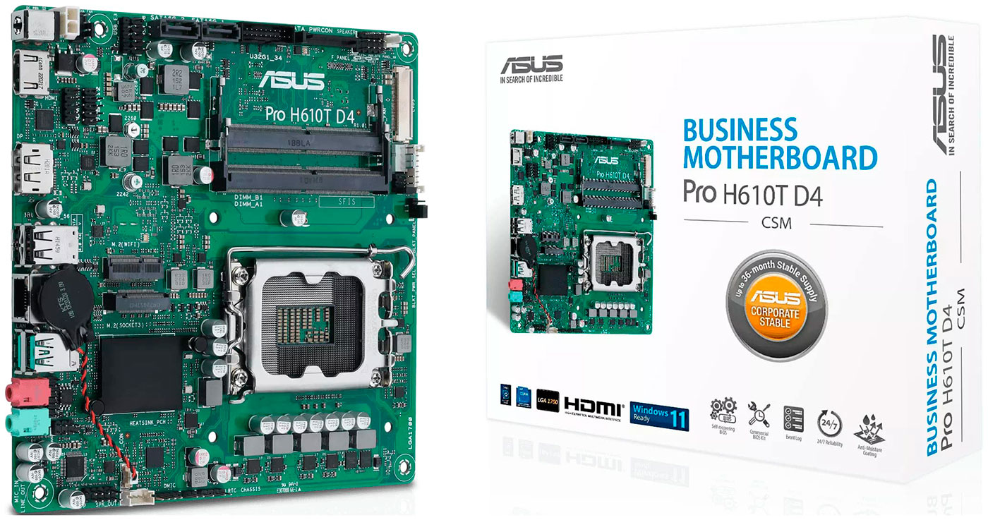 Изображение товара Материнская плата Asus PRO H610T D4-CSM (LGA1700, mini-ITX)
