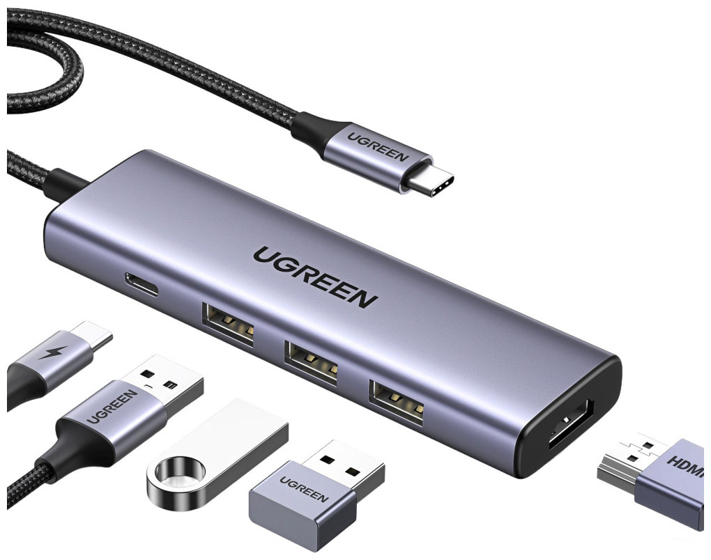 Изображение товара Док-станция Ugreen CM511, USB-C - HDMI 4K при 30 Гц, 3хUSB 3.0 A, PD, Power Converter, 100 Вт, серый космос (15596)