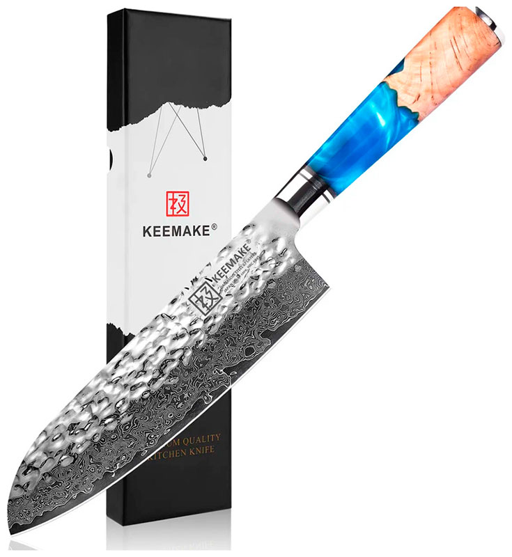 

Нож сантоку из дамасской стали Keemake 7 Inch Santoku Knife 67 слоев основа VG10 (10CR15MOV) + 316 сталь HRC60+-2 (B-4) синий + бежевый