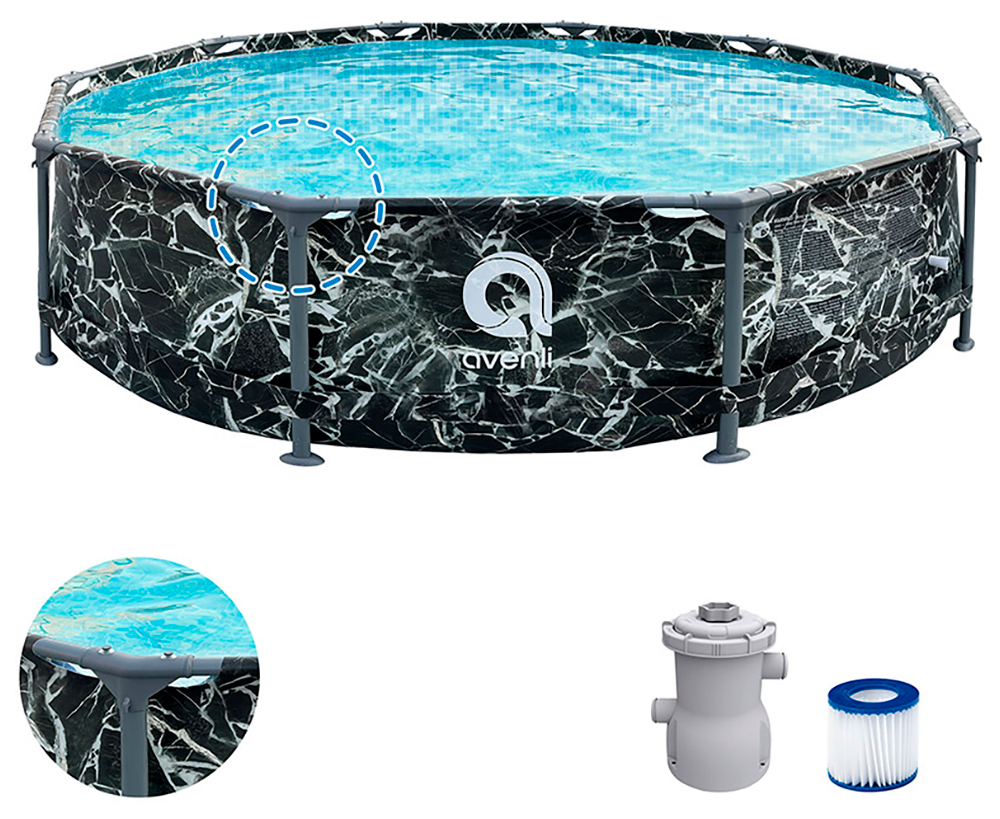 Изображение товара Бассейн каркасный Avenli 305х76 см, 4672 л, круглый, с усиленной рамой, черный мрамор, с фильтр-насосом (12015EUV55)