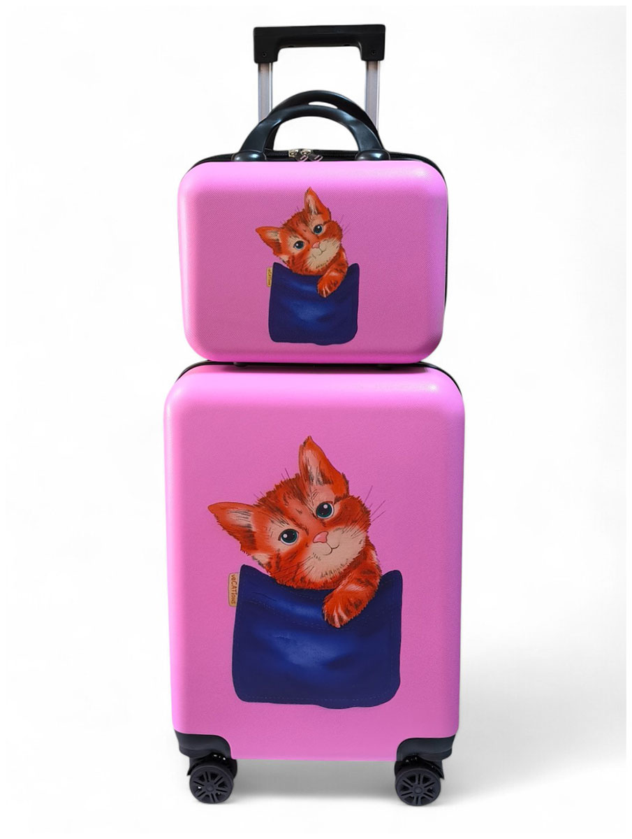 Изображение товара Дорожный набор S+XS Lats Чемодан 20 дюймов+бьюти кейс, кот в кармане, розовый