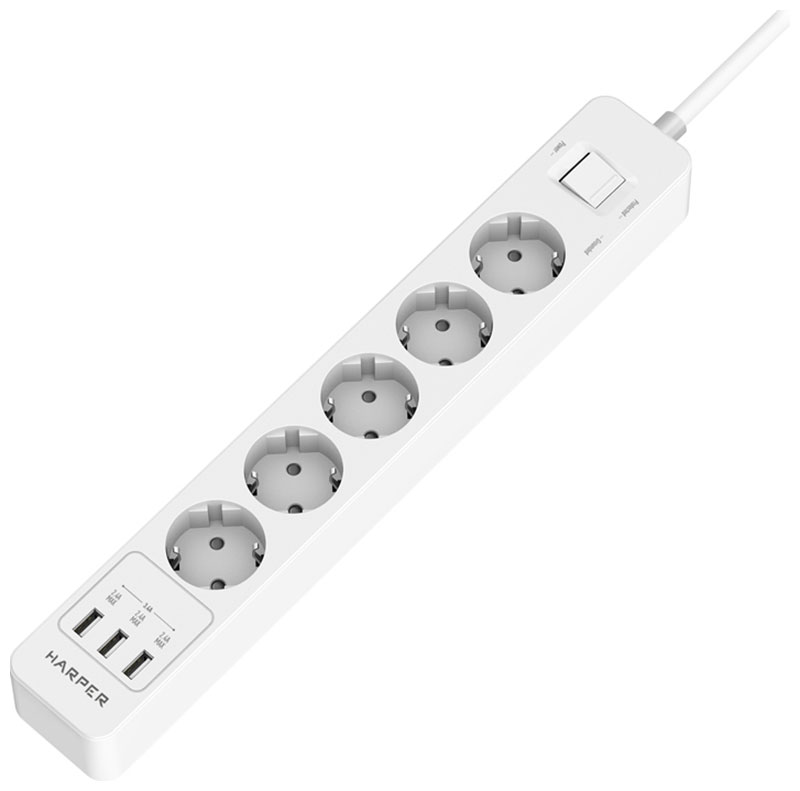 Изображение товара Сетевой фильтр Harper UCH-550 белый с USB и защитой от скачков напряжения