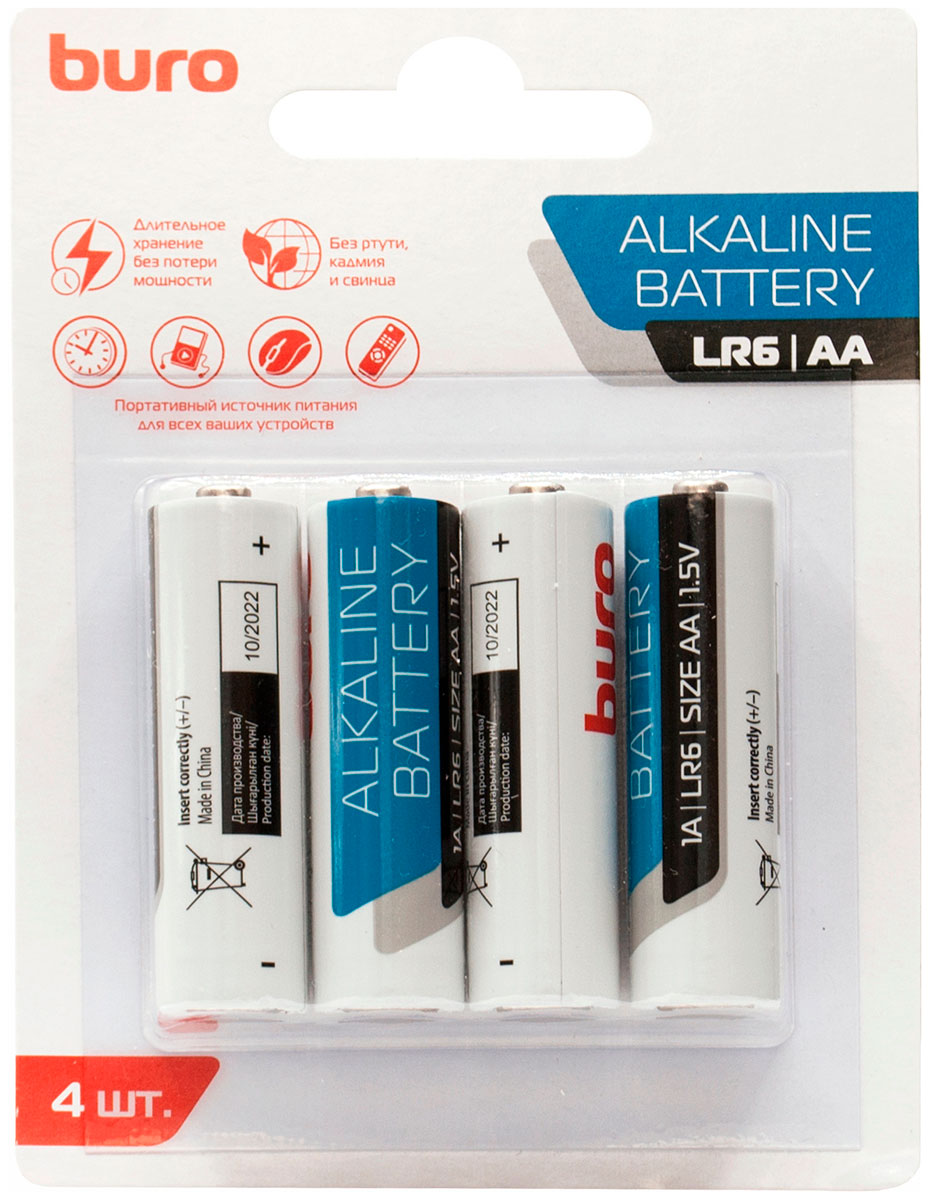 Батарейки Buro Alkaline LR6 AA, 4 штуки, блистер набор из 20 штук батарея buro alkaline lr6 aa 2шт блистер