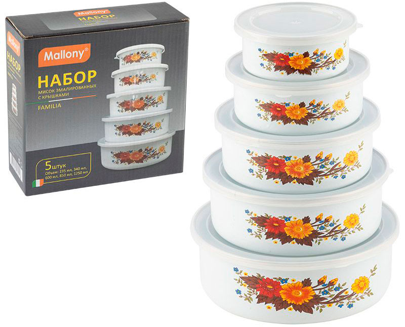 Изображение товара Набор эмалированных мисок Mallony FAMILIA 5 штук 195-1250 мл с крышками