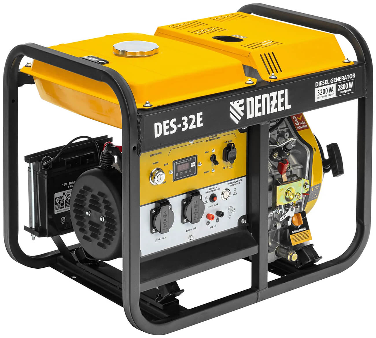 Изображение товара Генератор дизельный Denzel DES-32E, 3.2 кВт, 230 В, 11 л, электростартер, 94412