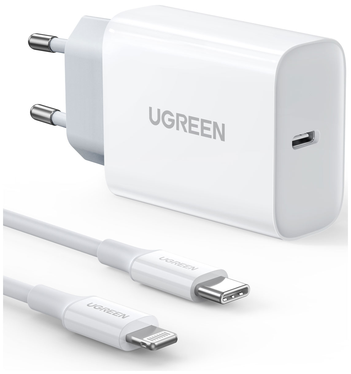 Изображение товара Сетевое зарядное устройство с кабелем Ugreen USB-C - Lightning PD, Fast Charger, белый (50698)