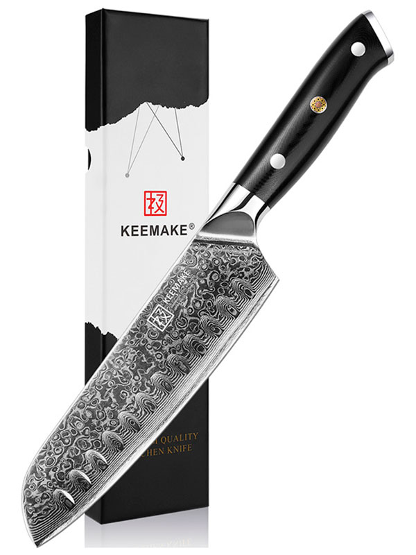Изображение товара Нож сантоку из дамасской стали Keemake 7 Inch Santoku Knife 67 слоев основа VG10 (10CR15MOV) + 316 сталь HRC60+-2 (C-6) черный