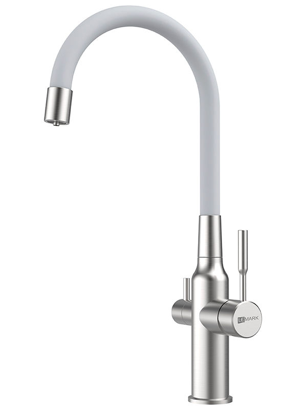 Изображение товара Кухонный смеситель Lemark с гибким изливом с подключением к фильтру питьевой воды, нерж. сталь (LM5083S-White)