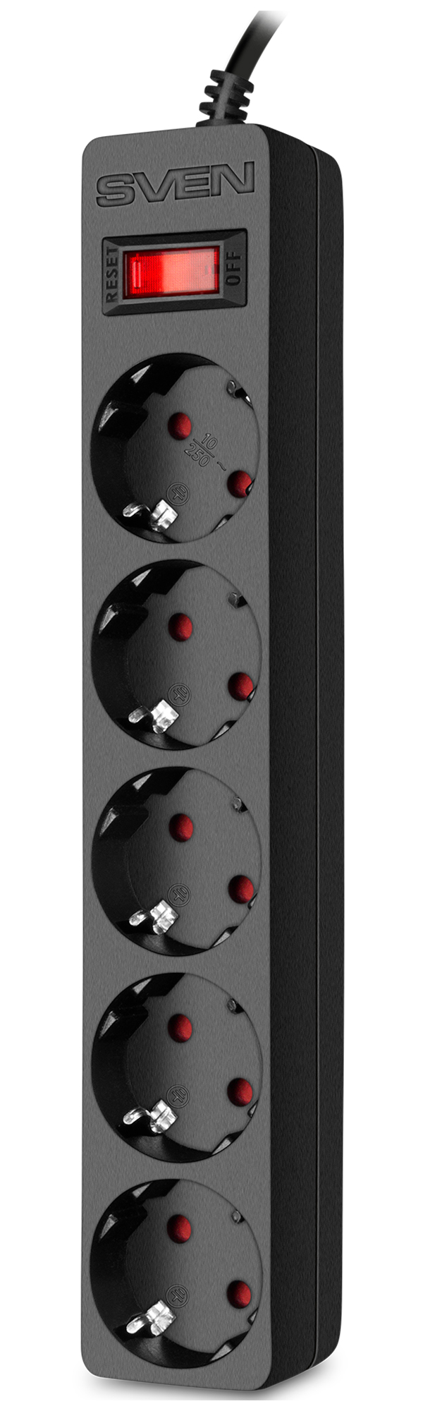 Изображение товара Сетевой фильтр Sven SF-05E, 3.0 м, 5 розеток с защитными шторками, черный (SV-021566)