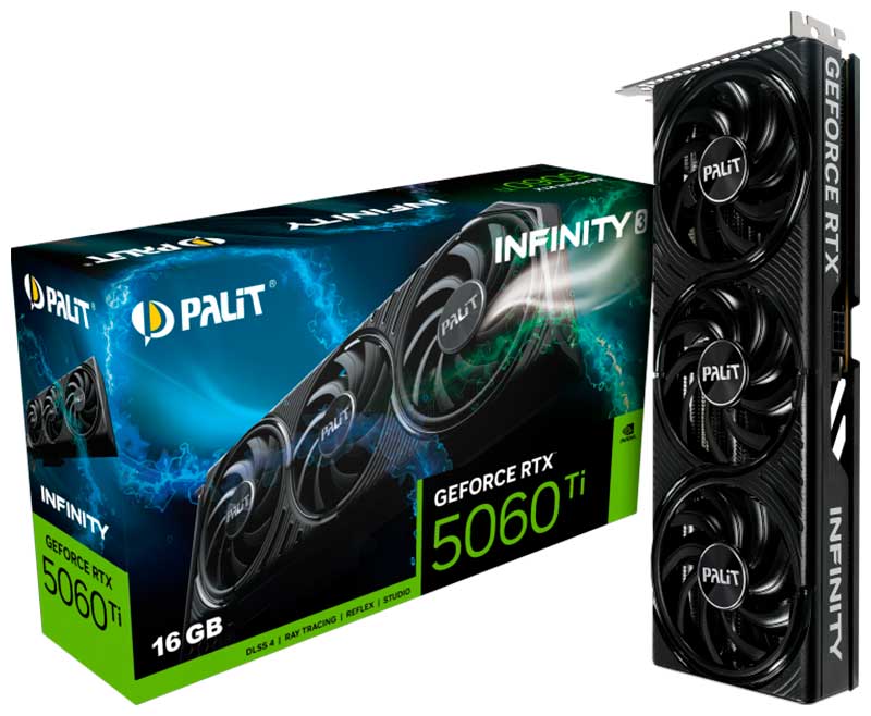 

Видеокарта Palit GeForce RTX 5060 Ti INFINITY 3 16GB (NE7506T019T1-GB2061S), Черный