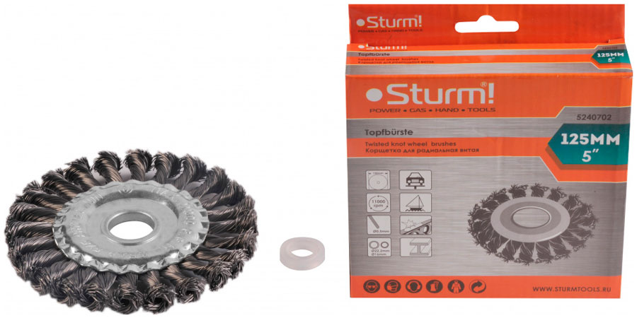 Изображение товара Корщетка-насадка Sturm! 5240702 для УШМ тип "колесо" d=22мм, d=125мм, витая стальная проволока