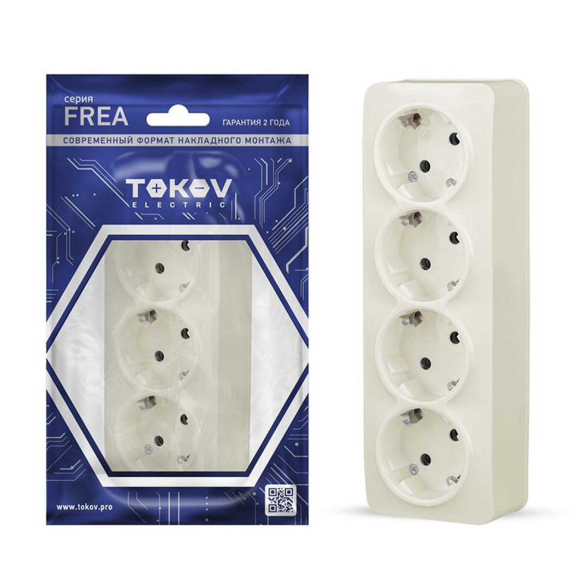 Изображение товара Розетка Tokov Electric 4-м ОП Frea 16А IP20 с заземлением пластиковая бежая